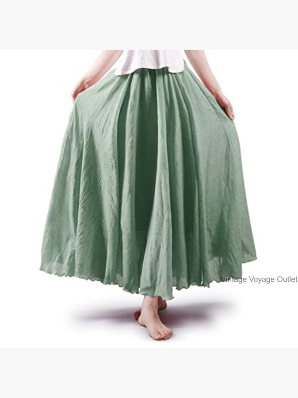 Bohemian Maxi Skirt Dress Elastic Waist Cotton Linen Floor Length - Picture 2 of 7